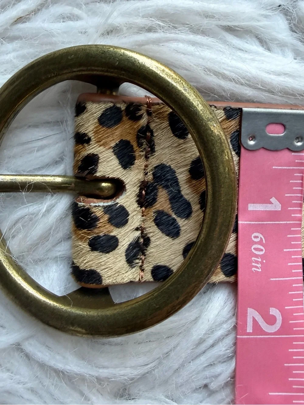 Genuine Leather Leopard Print Hair On Hide Belt Round Brass Buckle Size Medium